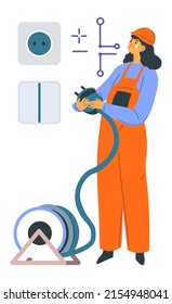 Female character working as electrical fixing and maintaining electricity system and power lights. Woman with socket and cable, wires for stability of energy. Vector in flat style illustration