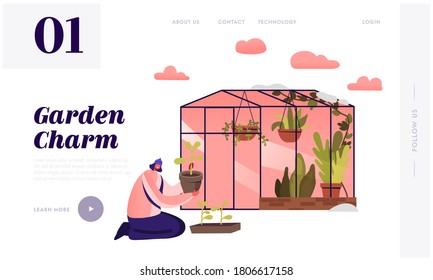Female Character Working in Greenhouse Landing Page Template. Woman Planting Plants from Pots to Soil in Winter Garden. Botanist Planting Flowers or Houseplant, Grow Herbs. Cartoon Vector Illustration