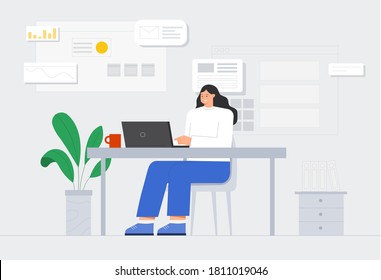 Female character is working at his laptop. Workflow in a modern office graphics, icons on the background. Flat style vector illustration.