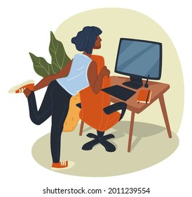 Female character working from home, tired lady stretching by computer. Worker doing business project completing task. Home office and exhaustion, fitness and keeping fit. Vector in flat style