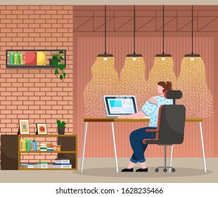 Female character working on laptop from home or in office. Freelancer or blogger browsing web. Studio interior design with shelves and working space for worker. Coworking place, vector in flat