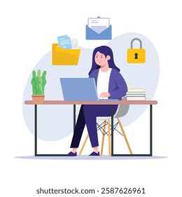 Female character working on a laptop surrounded by files and secure email icons for data protection content Perfect for illustrating secure online communication.