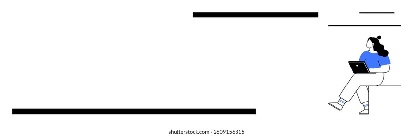 Female character working on laptop with floating black lines. Ideal for productivity, creativity, remote work, freelancing, technology, social media, education. Line metaphor