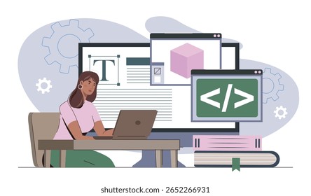 Female character working on laptop with coding and design windows open on screen, flat graphic style, abstract background, concept of web development. Vector illustration