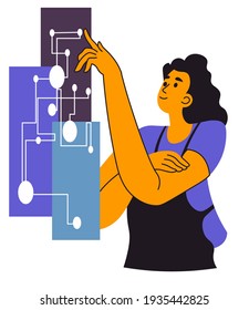 Carácter femenino trabajando en proyectos con esquemas eléctricos. Desarrollo y creación de nuevos dispositivos. Lluvia de ideas de las mujeres sobre la conexión y la estrategia de investigación. Vector de estilo plano