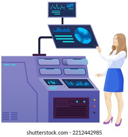 Female character working on project in scientific lab with equipment, woman searching for information. Experiment or research in laboratory. Professional chemist, biology and chemistry development
