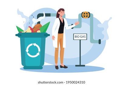 Female character working on raw materials processing. Concept of ecological problems and solving of pollution rate. Trash can with vegetables recycling into bio gas. Flat cartoon vector illustration