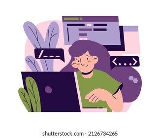 Female character working on software development and improvement. Vector woman with laptop, cartoon gadgets devices, coder writing scripts for applications or websites. Worker in office or home