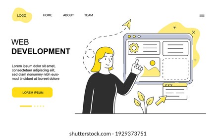 Female character is working on web development. Young woman is standing next to screen and developing website. Website, web page, landing page template. Flat cartoon vector illustration