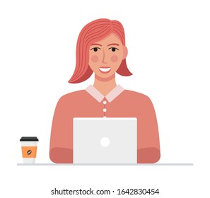 Female character working online using laptop for tasks completion. Isolated worker typing info on personal computer. Student learning via internet, courses for distance studies.