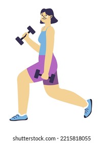 Female character working out and doing exercises for healthy life, isolated woman with dumbbells in gym. Girl in sportswear, fitness and training of athlete, burning fat. Vector in flat style