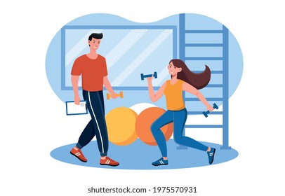 Female character is working out in gym with fitness trainer. Woman is squatting with two dumbbells. Concept of sport, activity, workout with fitness instructor. Flat cartoon vector illustration