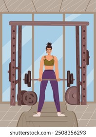 Weibliche Figur trainieren im Fitnessstudio Heben Langhantel. Frau macht Übungen, Bodybuilding oder Gewichtheber Mädchen in Sport-Uniform. Gesundheit und Abnehmen. Vektorgrafik im flachen Cartoonstil