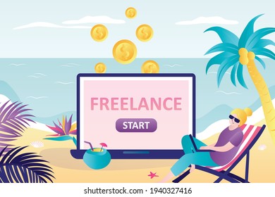 Female character working remotely while on vacation. Businesswoman relaxes and works at beach. Start freelancing on laptop screen. Concept of distant work and business. Trendy flat vector illustration