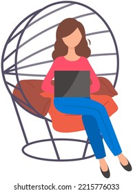 Female character working with tablet pc sitting in garden chair at home isolated on white. Woman with laptop surfing internet. Manager uses modern technology for work. Clerk office worker at workplace