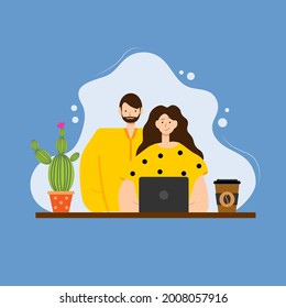Female character works with her laptop, male watching her. Modern conceptual illustration about freelance, online business, distance learning. Flat vector illustration isolated on blue