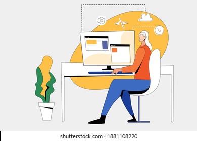 Female character works on a computer with data. Modern flat illustration of girl programmer at work table with laptop. Yellow spot cloud icons and settings, bright design, modern flower.