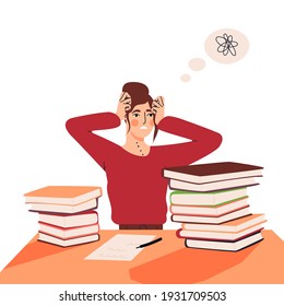 Female character worried about unfinished work flat cartoon illustration. Stressed woman, hard concentrating, anxiety, depression banner design. Upset student, tired adult printing card