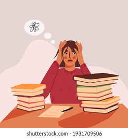 Female character worried about unfinished work flat cartoon illustration. Stressed woman, hard concentrating, anxiety, depression banner design. Upset student, tired adult printing card