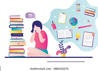 Female character worries about studies and diploma. Cute woman cries because of problems at university. Schoolgirl gets upset about school deadlines. Concept of student stress.Flat vector illustration