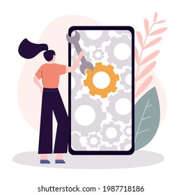 Female character with wrench tunes smartphone. Cute girl customize settings on mobile phone. Many different gears on phone screen. Concept of customization and custom settings.Flat vector illustration