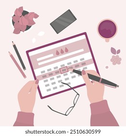 Female character write period calendar, menstrual periods or menstruation day plan. Menses check schedule, women health or pregnancy planning. Top view, desk with items and tools. vector illustration