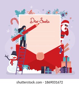 Female character writes letter to santa claus. Cute girl with pencil writes wishes to Father Christmas. Wish list to Santa Claus. Letter template. Concept of new year and xmas.Flat vector illustration