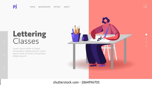 Female Character Writing Letters Landing Page Template. Woman Sitting at Table with Pen Practicing in Spelling Lettering and Calligraphy. Script, Education, Creative Hobby. Cartoon Vector Illustration