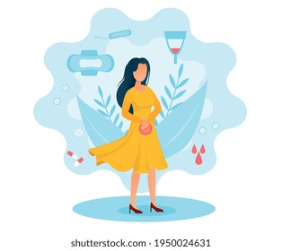 Female Character In Yellow Dress Is Suffering From Menstruation Pains. Sad Woman With Stomach Pain. Concept Of Women Menstruation Cycle Interfering With Casual Life. Flat Cartoon Vector Illustration