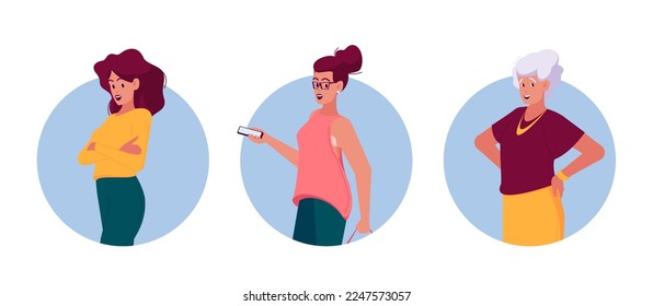 Female Character Young, Adult and Senior Isolated Round Icons or Avatars. Attractive Lady with Crossed Arms, Holding Smartphone and Aged Woman Portraits. Cartoon People Vector Illustration