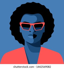 Female characters. African woman wearing suit, tie and sunglasses. Abstract portraits of business woman. Vector illustration