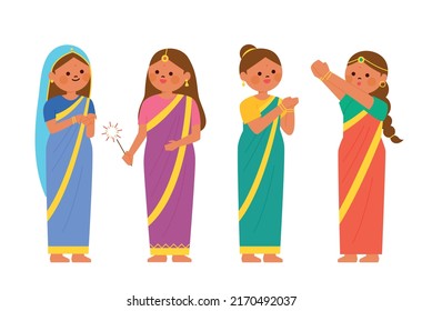 Female characters in beautiful traditional Indian costumes. flat design style vector illustration.