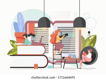 Female characters book lovers reading books, vector flat style design illustration. Literature fair or festival, bookstore, library, learning and education concept.
