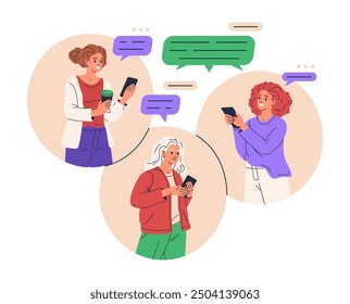 Female characters chatting. Girls texting to each other using smartphones, women message to girlfriends flat vector illustration. Smartphone messengers concept