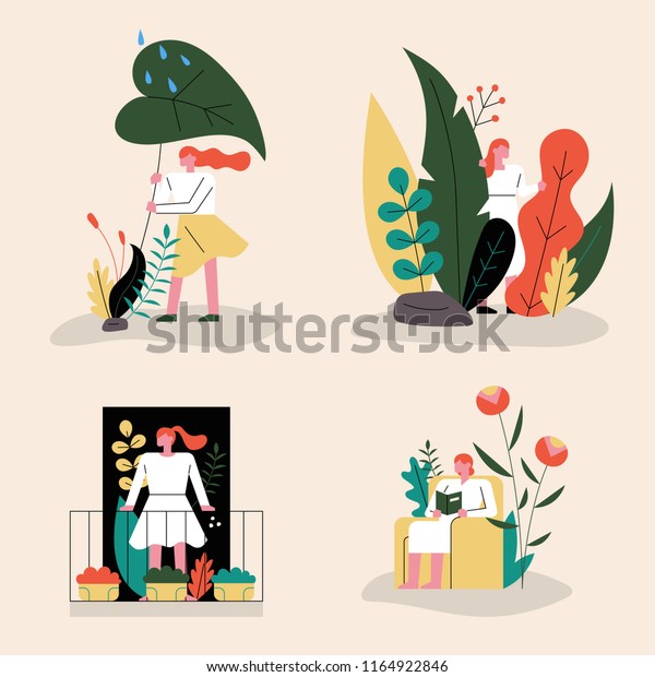 さまざまな花や葉で飾られた女性のキャラクター フラットデザインスタイルベクター画像イラストセット のベクター画像素材 ロイヤリティフリー