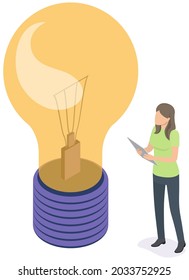 Female characters develop creative business idea. Stand near big light bulb as idea of new project or company. Business women examine new invention and come up with startup