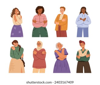 Female characters of different age and religions holding self expressing love. Vector embrace equity movement, confidence and diversity, inspiration for empowerment and feminism message