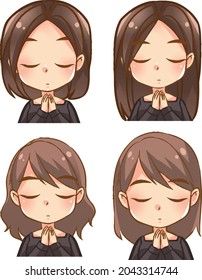 Female characters with different brown hair style show respect at funeral. Rest in peace. free hand draw anime style. vector set  
