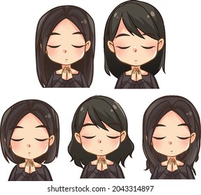 Female characters with different brown hair style show respect at funeral. Rest in peace. free hand draw anime style. vector set  