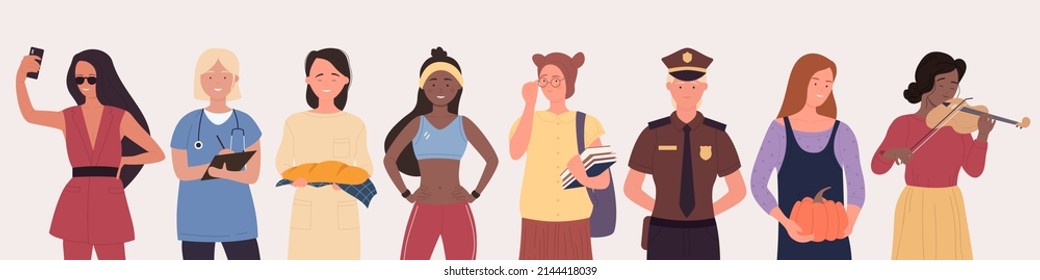 Female characters of different occupations and professions standing in row set vector illustration. Cartoon diversity group of professional women in uniform, team of young people isolated on white