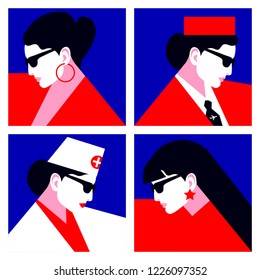 Female characters of different professions. Set of abstract woman portraits in profile. Vector illustration