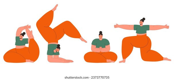 Weibliche Charaktere, die Yoga-Übungen durchführen. Frauen, die Sport treiben, Fitness, Training in verschiedenen Posen. Cartoon-Charakter.