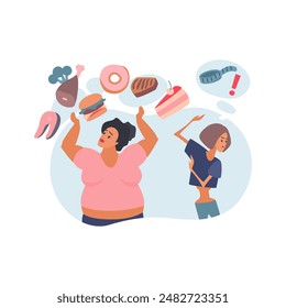 Frauenfiguren mit Essstörungen, Anorexie und Adipositas-Vektorillustration