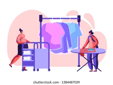 Female Characters Employees of Professional Cleaning Service Working Process Ironing Clean Clothes, Push Trolley with Clothing in Public or Hotel Laundry, Laundrette. Cartoon Flat Vector Illustration