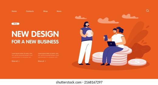 Female characters with gold coins earning money online. Girl with laptop and phone sitting on stack of coins flat vector illustration. Finances, technology, success concept for banner, website design