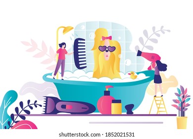 Female characters with hair dryer and comb. Professional groomer bathing dog, fashionable yorkshire terrier. Different accessories for hair care. Pet grooming concept banner. Flat vector illustration