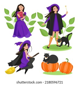 Female characters for Halloween set. A cute witch in a cloak and stockings flies on a broomstick, a black cat, pumpkins. Vector illustration.