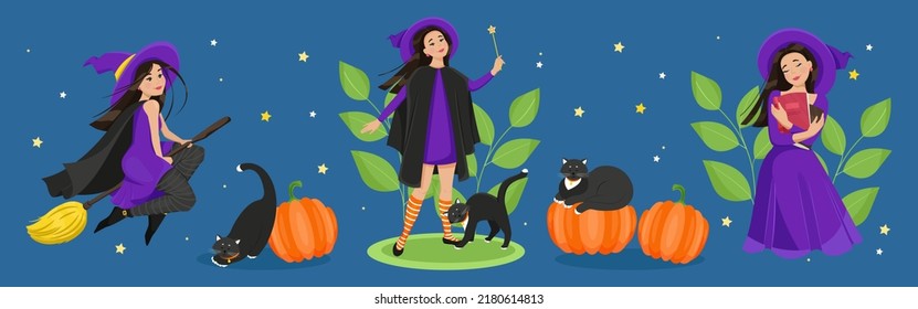 Female characters for Halloween set. A cute witch in a cloak and stockings flies on a broomstick, a black cat, pumpkins. Vector illustration.