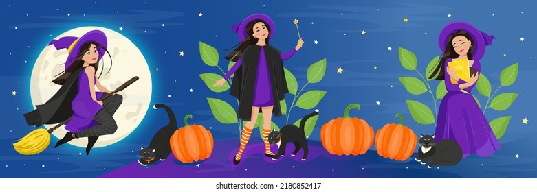 Female characters for Halloween set. A cute witch in a cloak and stockings flies on a broomstick, a black cat, pumpkins. Vector illustration.