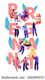 Female Characters Happy Pregnancy Concept. People Hold Vitamins, Baby Toys, Healthy Nutrition, Pregnant Women Meet in Cafe, Shopping. Poster, Banner, Flyer, Brochure. Cartoon Flat Vector Illustration